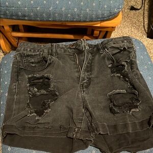 Distressed Black Denim Shorts
